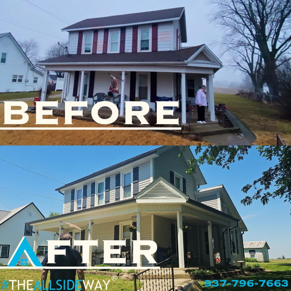 A side-by-side comparison of a house before and after renovation, showcasing significant exterior improvements with new siding and landscaping changes. Text: #THEALLSIDEWAY, 937-796-7663.