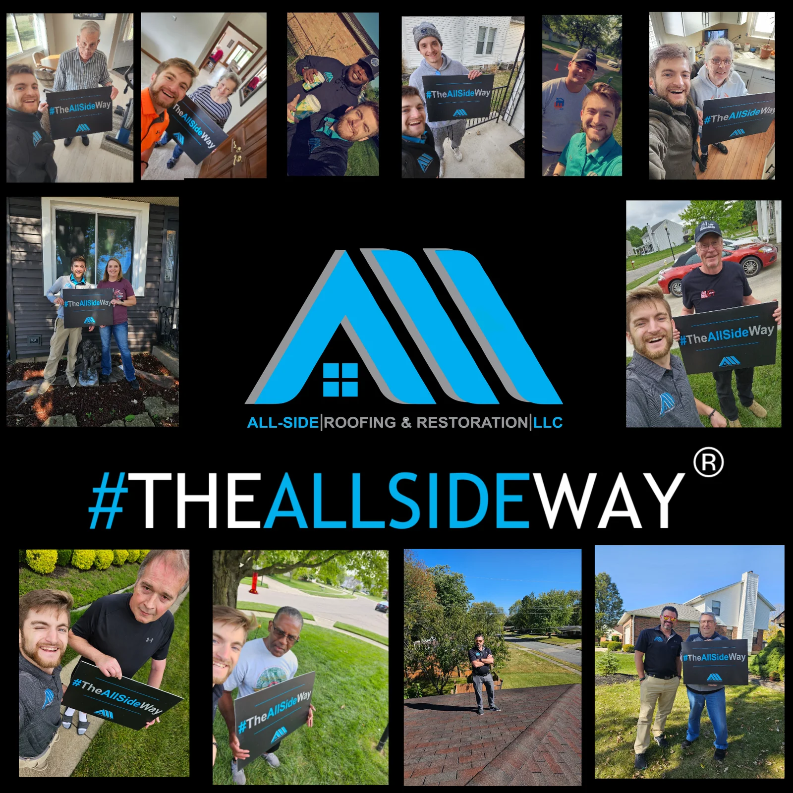 Collage of All-Side Roofing & Restoration LLC team with clients holding TheAllSideWay signs