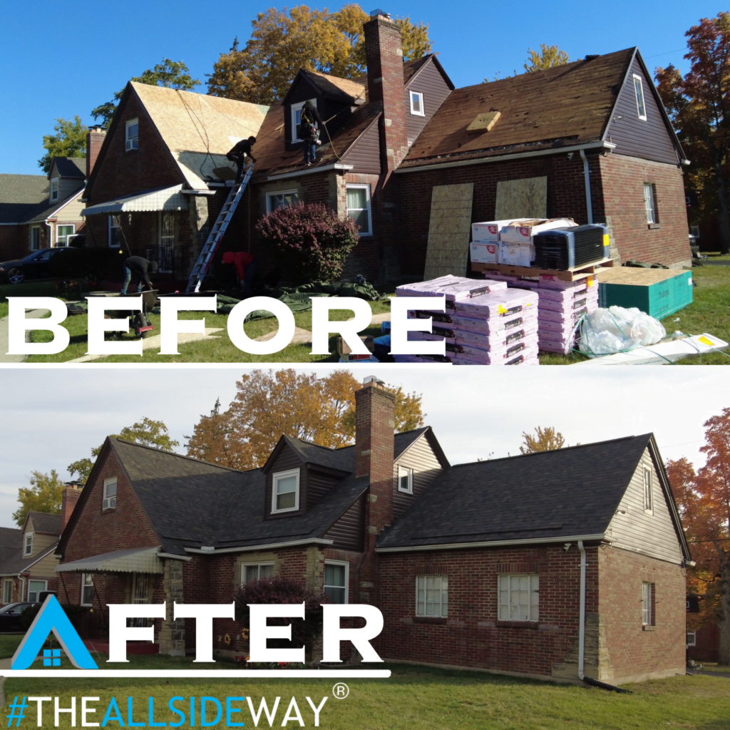 Two images show a house before and after roofing repairs. The first image has materials and workers involved in the roof replacement; the second showcases the completed, updated roof with new shingles.