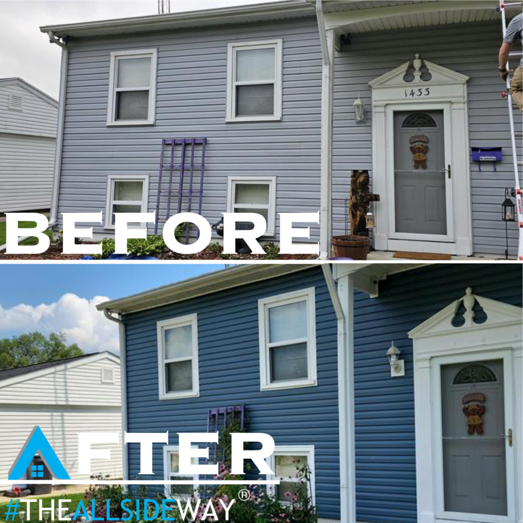 Before and after images of a house, reflecting a change in exterior siding color from light to dark blue with 