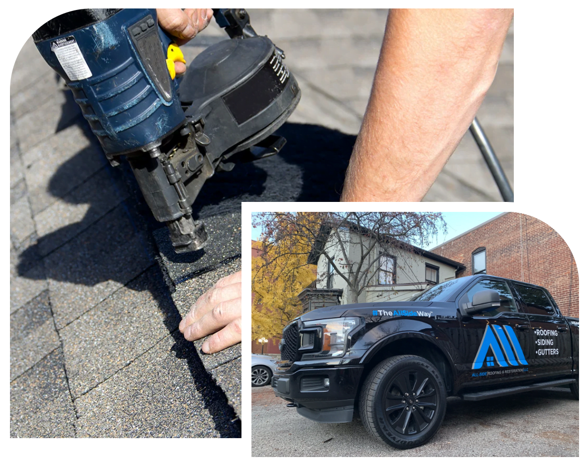 Close-up of a roofing nail gun in use and a black company truck with roofing company branding