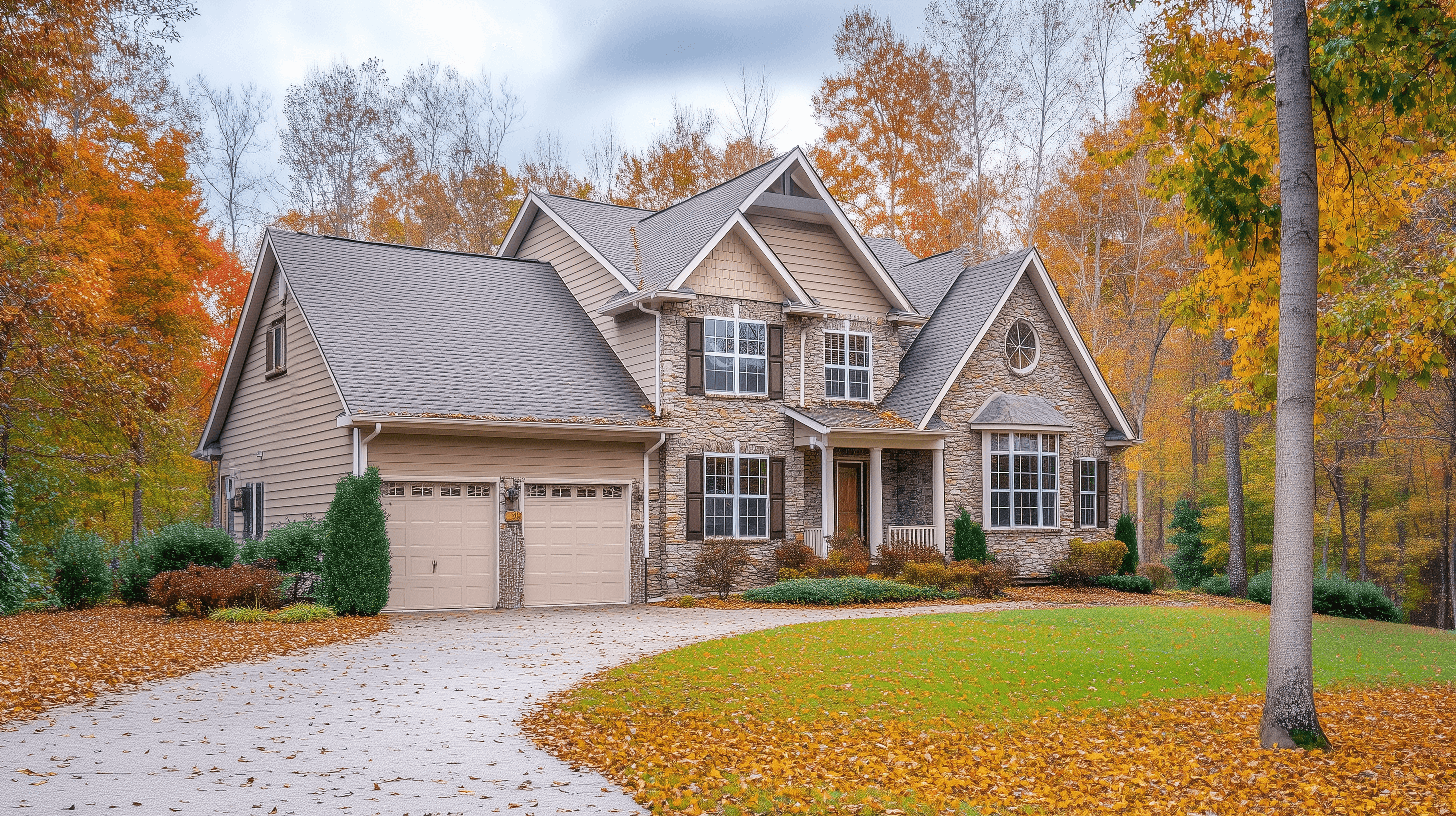A beautiful stone and siding home surrounded by vibrant autumn foliage, with fallen leaves scattered across the driveway and lawn