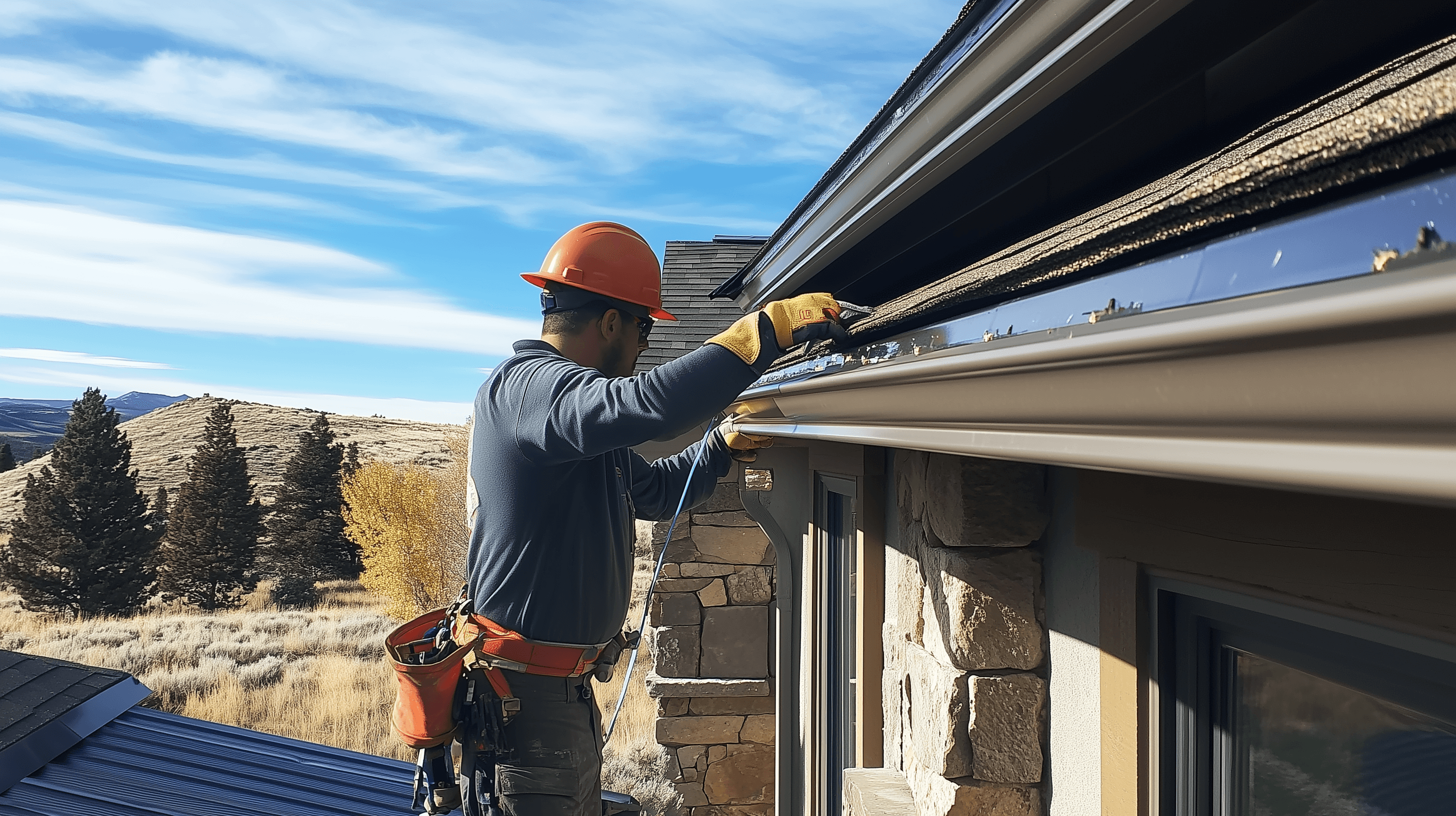 All-Side Roofing and Restoration technician installing gutters on a residential home with scenic hills and trees in the background.