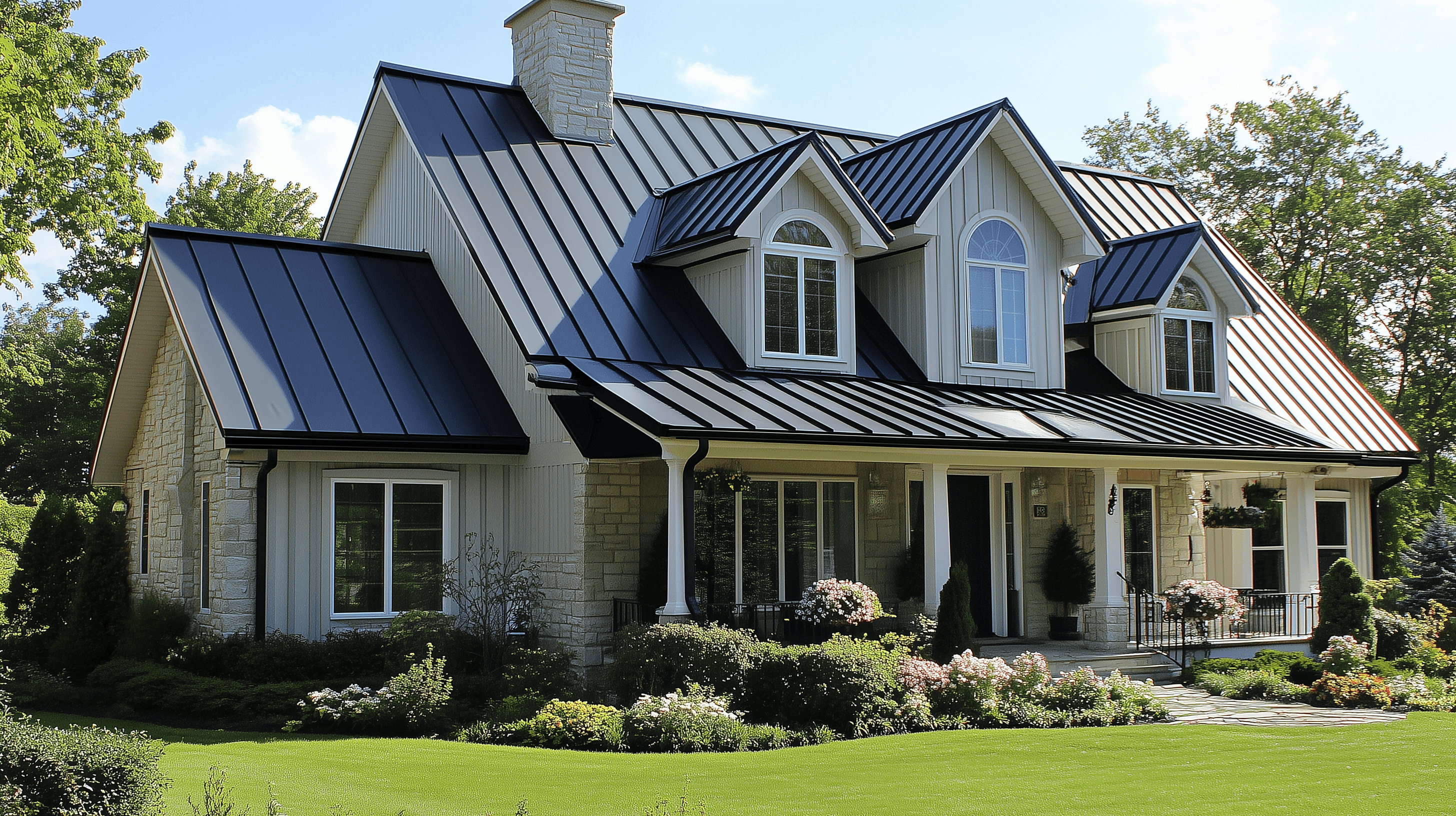 A modern two-story house features the benefits of a black metal roof, large windows, and a well-maintained lawn and garden.