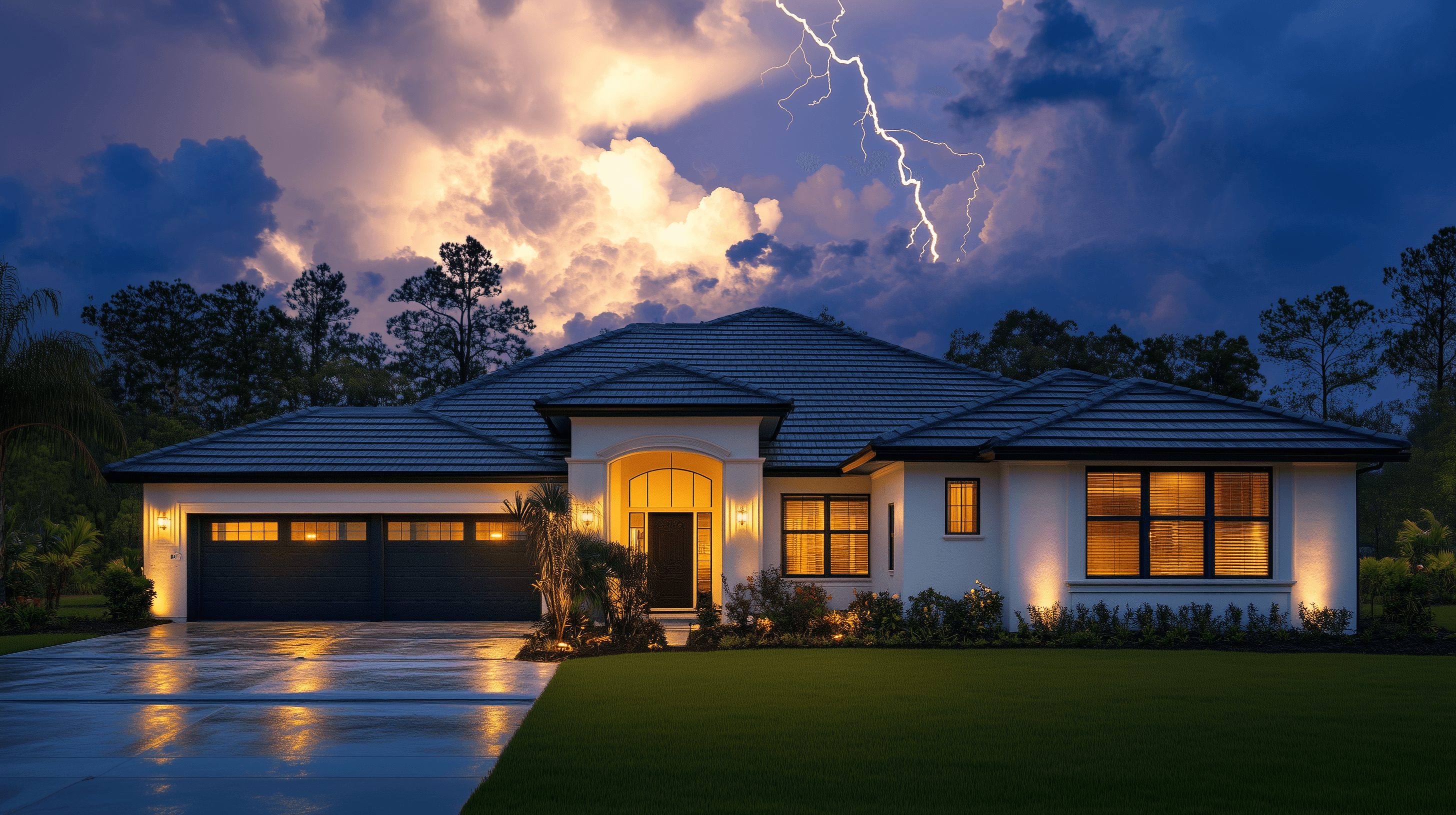 Modern house with illuminated windows during a thunderstorm, lightning striking above, highlighting the importance of roof maintenance amidst the churning clouds in the sky.