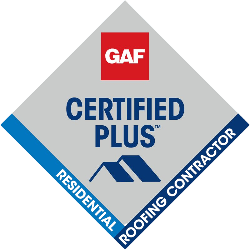 Logo featuring GAF Certified Plus with a house icon, labeled Residential Roofing Contractor on a diamond-shaped background, proudly representing All-Side Roofing as top Roofers In Dayton