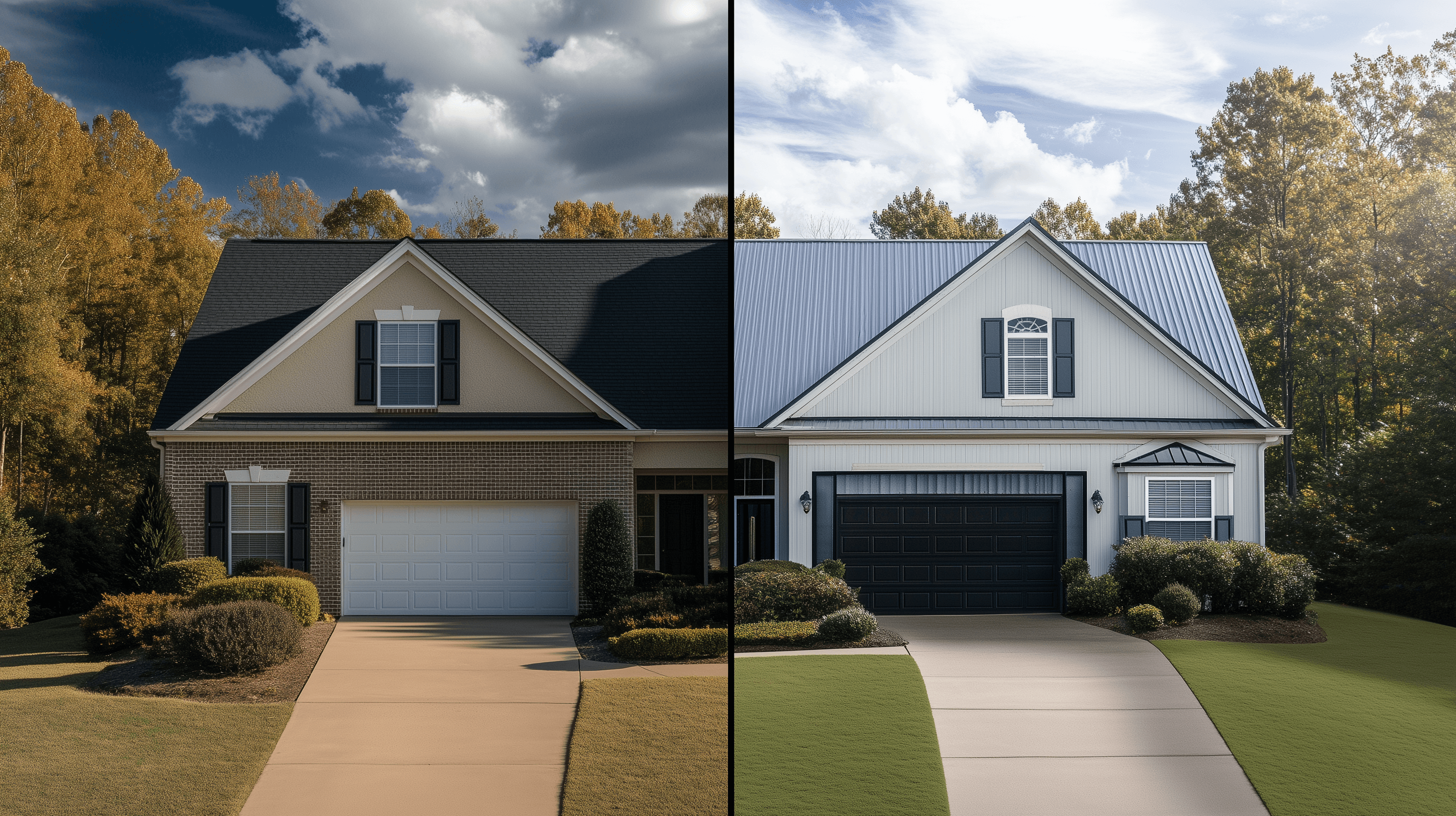 Split image comparison of two suburban houses with distinct roofing materials and siding styles, one showcasing sleek metal roofing while the other features classic asphalt shingles, all surrounded by trees under a partially cloudy sky.