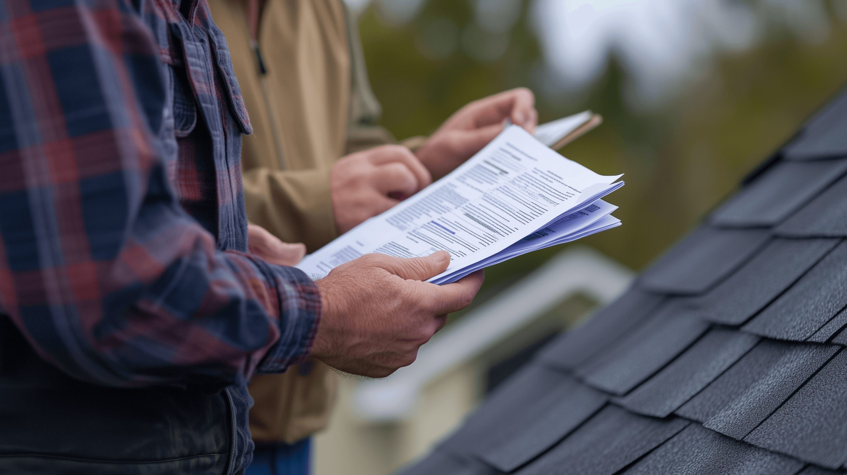 Homeowner reviewing a roofing warranty document with an All-Side Roofing & Restoration contractor