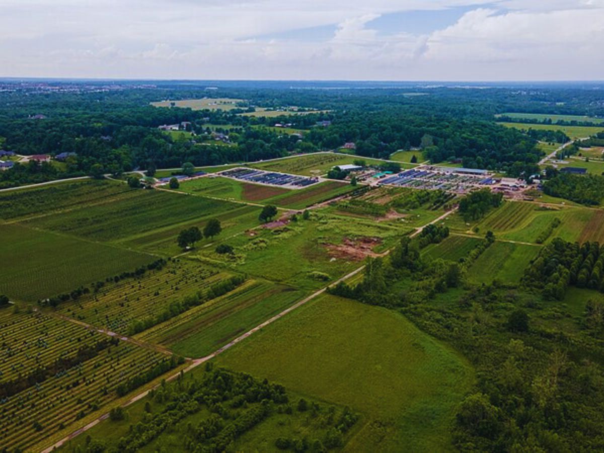 Aerial view of Beavercreek, OH reveals expansive farmland with green fields, trees, and a distant horizon under a partly cloudy sky.
