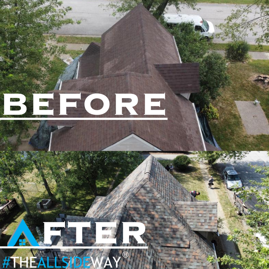 Aerial view of a house roof before and after replacement; top shows old brown shingles, bottom shows new patterned shingles by roofing services in Clinton County, OH.