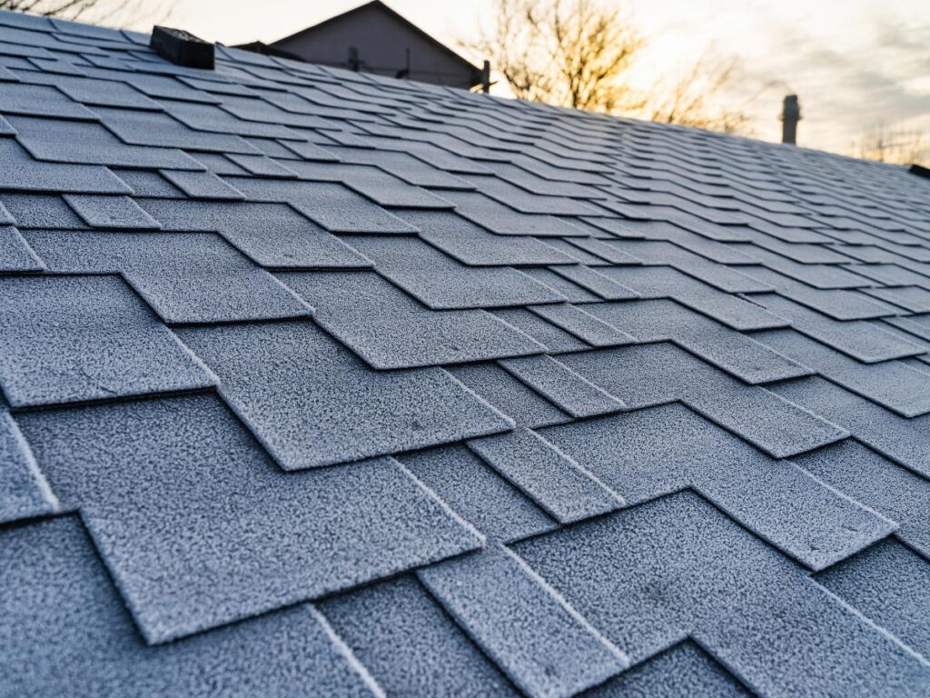 Close-up of a frost-covered rooftop with overlapping, textured shingles at sunrise in OH.