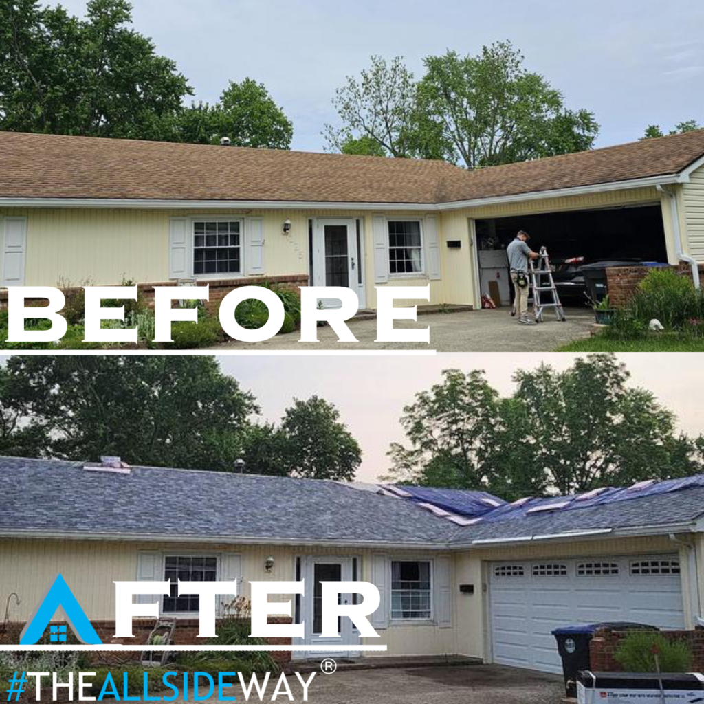 Side-by-side images showcase roof and chimney improvements in Centerville, OH, with a person on a ladder completing the transformation.
