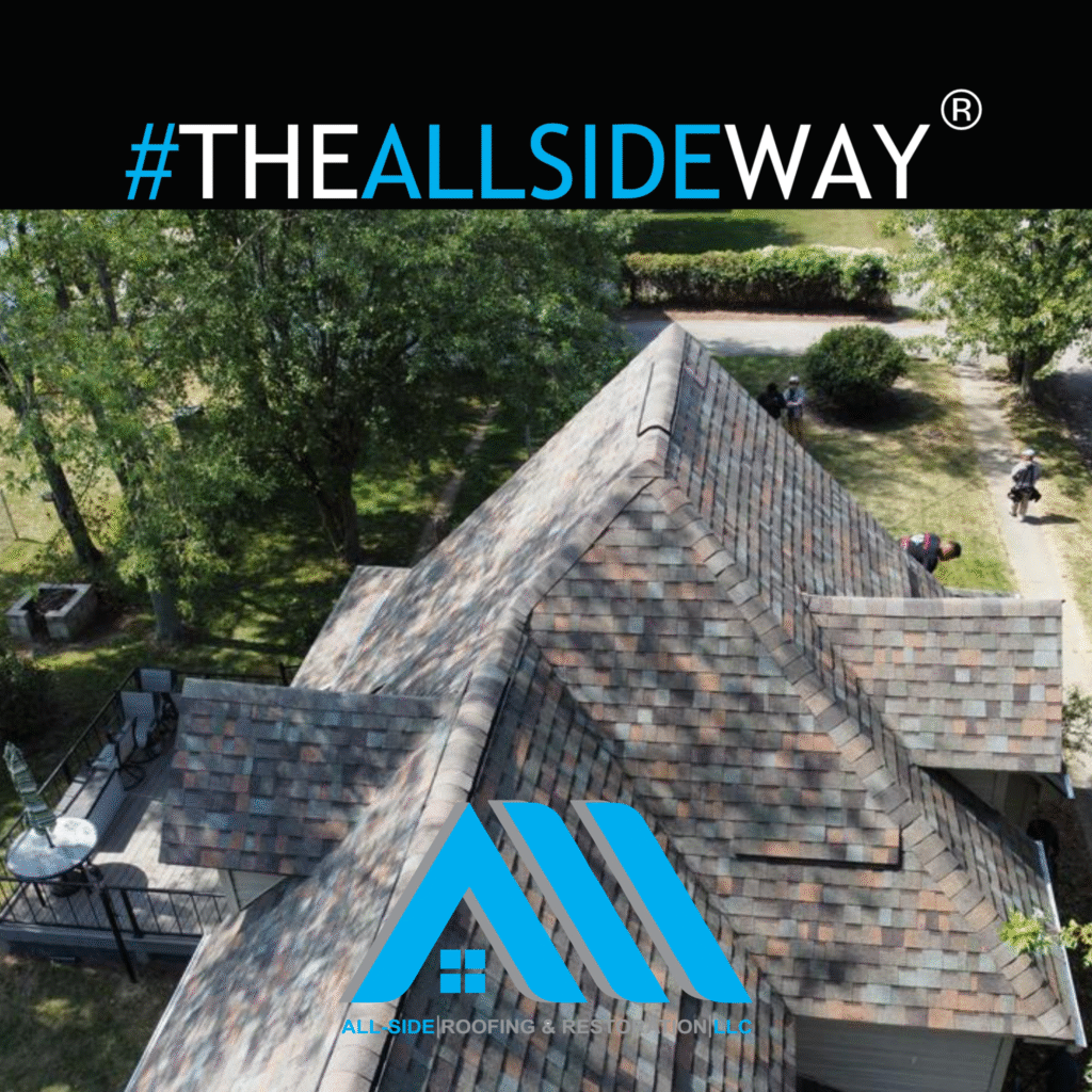 Aerial view of a house with a multi-gabled shingle roof; All Side Roofing & Restoration—your trusted roofing company near me.