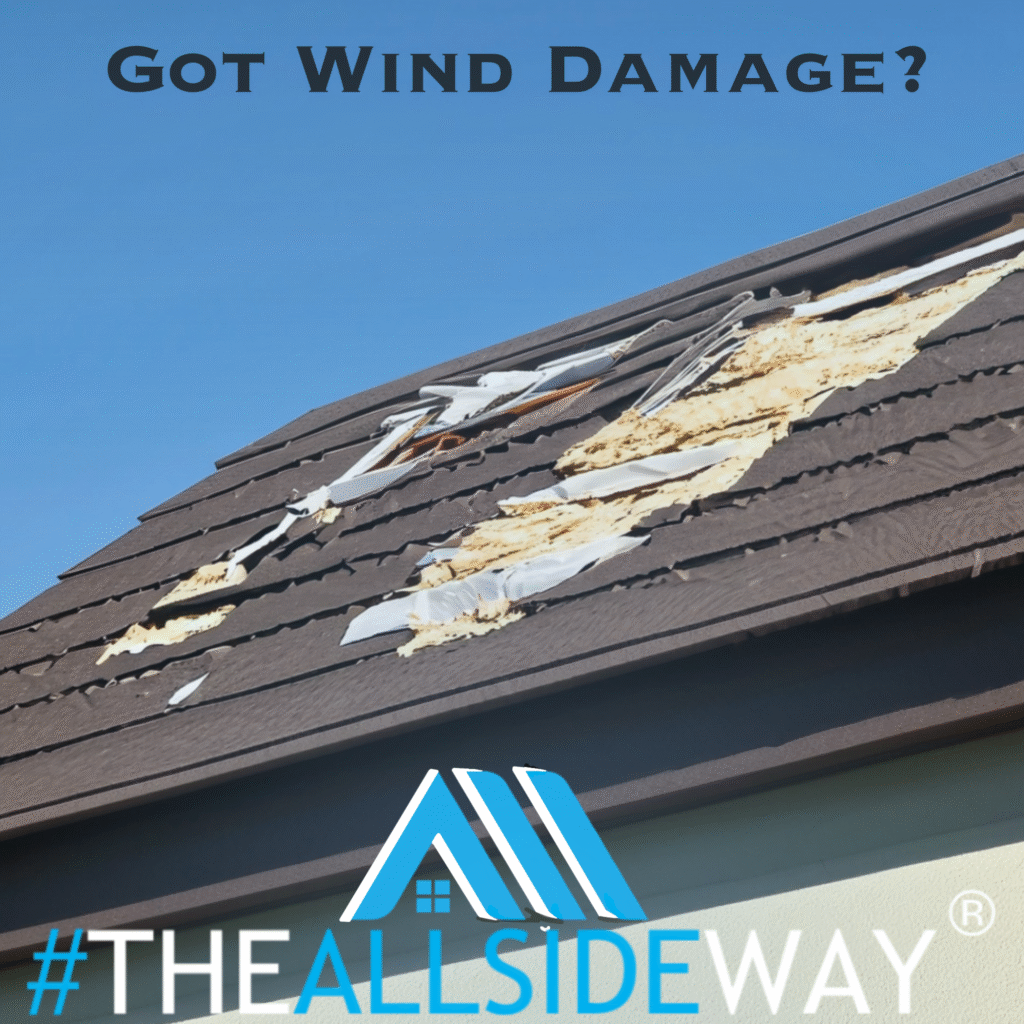 A house roof in Springboro, OH with damaged shingles and exposed underlayment; text reads "Got Wind Damage?" and "#THEALLSIDEWAY".