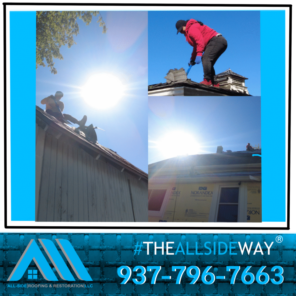 Three images show workers repairing roofs under bright OH sunlight in Tipp City, with company logo and contact information at the bottom.