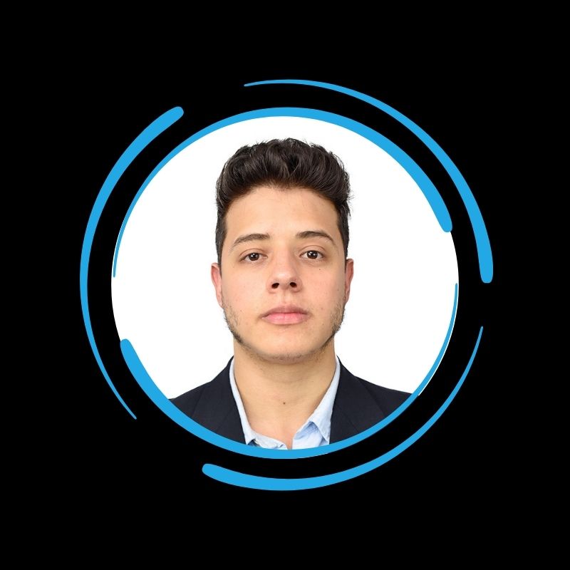 A young person in a suit stares at the camera, framed by blue circular graphics—perfect for an about page for All-Side Roofing.