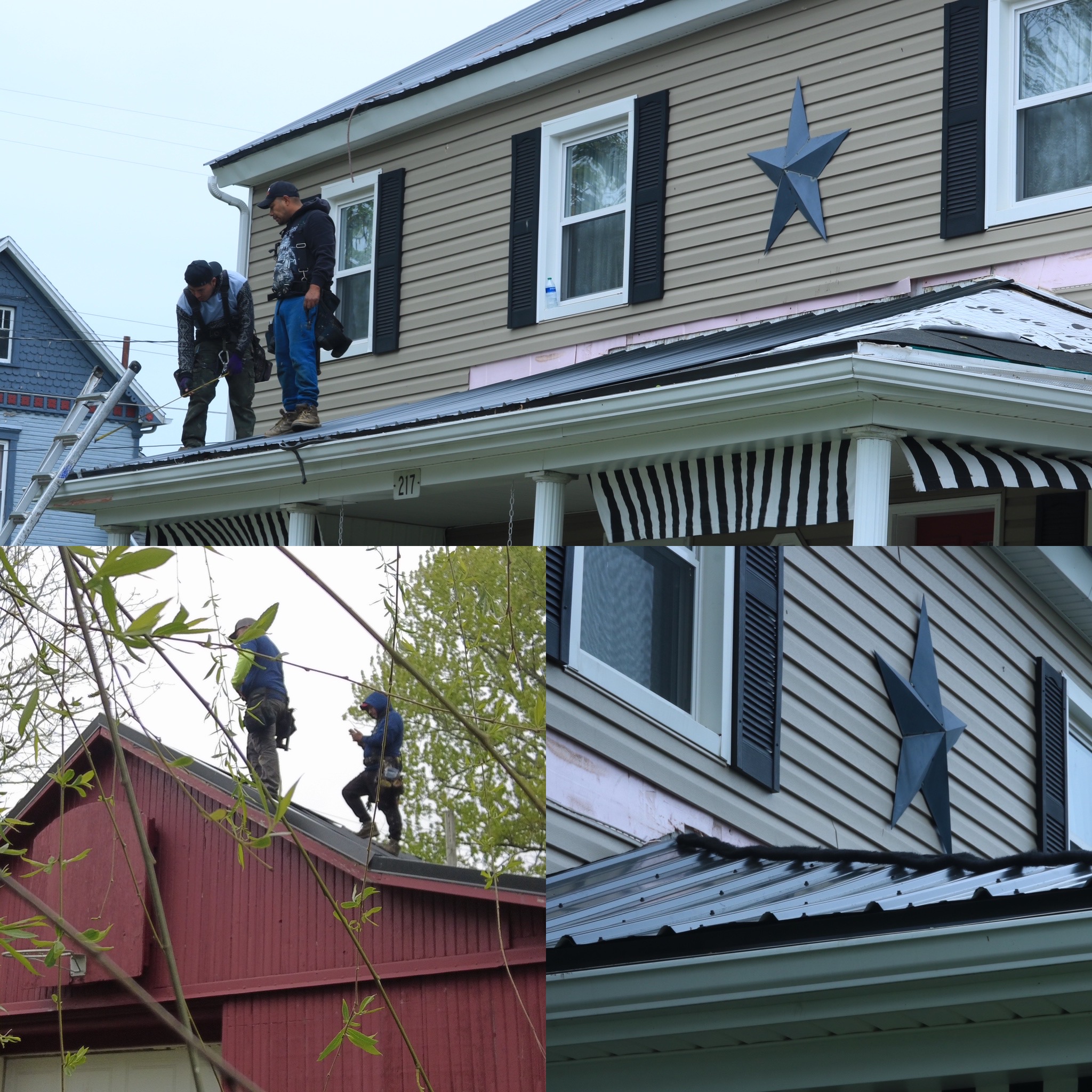Three workers in Fairfield OH install or repair metal roofs on two buildings, using safety harnesses and ladders.