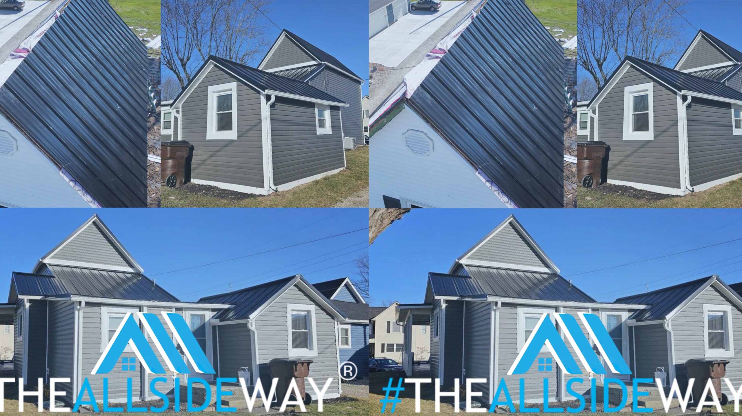 Four images show a gray house with a dark metal roof, illustrating expert roof replacement Ohio by “THEALLSIDEWAY.”.
