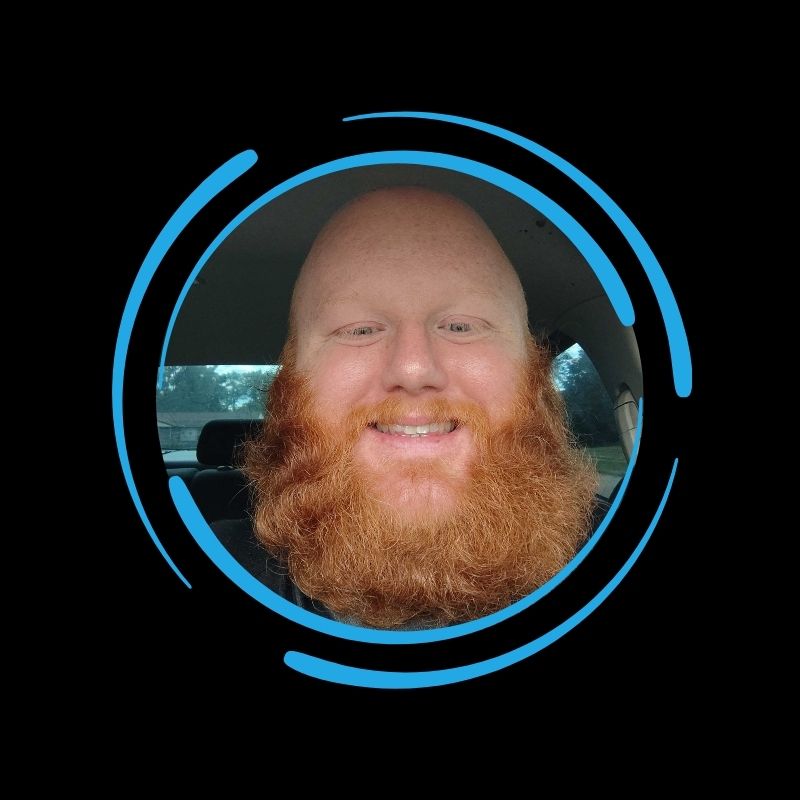 A bearded person with a shaved head smiles inside a car, framed by a blue circle—an image about All-Side Roofing on a black background.