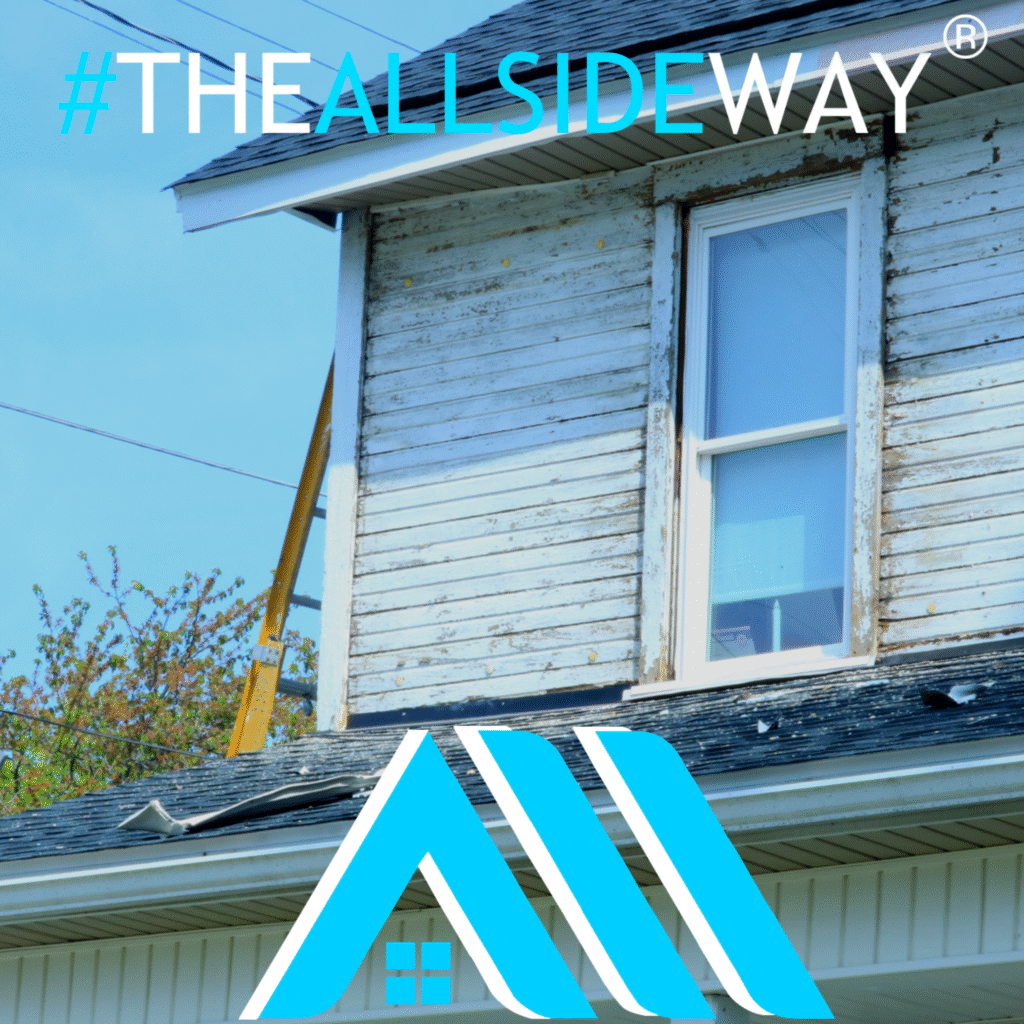 House exterior with peeling paint, a ladder for roof repair, and Kettering, OH branding and logo overlayed on the image.