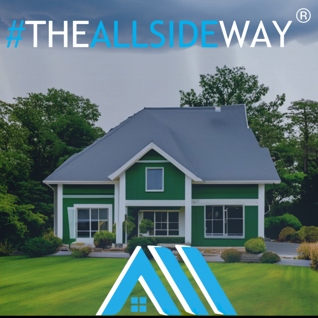 Green and white house in Clayton OH with a gray roof on a lawn, trees behind, and "#THEALLSIDEWAY" at the top. Great for Roof Repair inspo!.