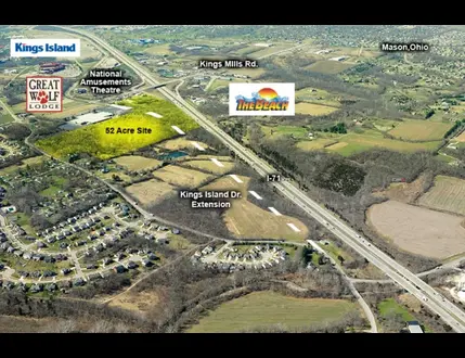 Aerial view showing Kings Island, Great Wolf Lodge, The Beach, and a 52-acre site near Kings Mills Rd. and I-71 in Warren County, Ohio.