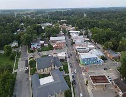 Aerial view of a small Champaign County, OH town with residential houses, commercial buildings, and tree-lined streets surrounded by greenery.