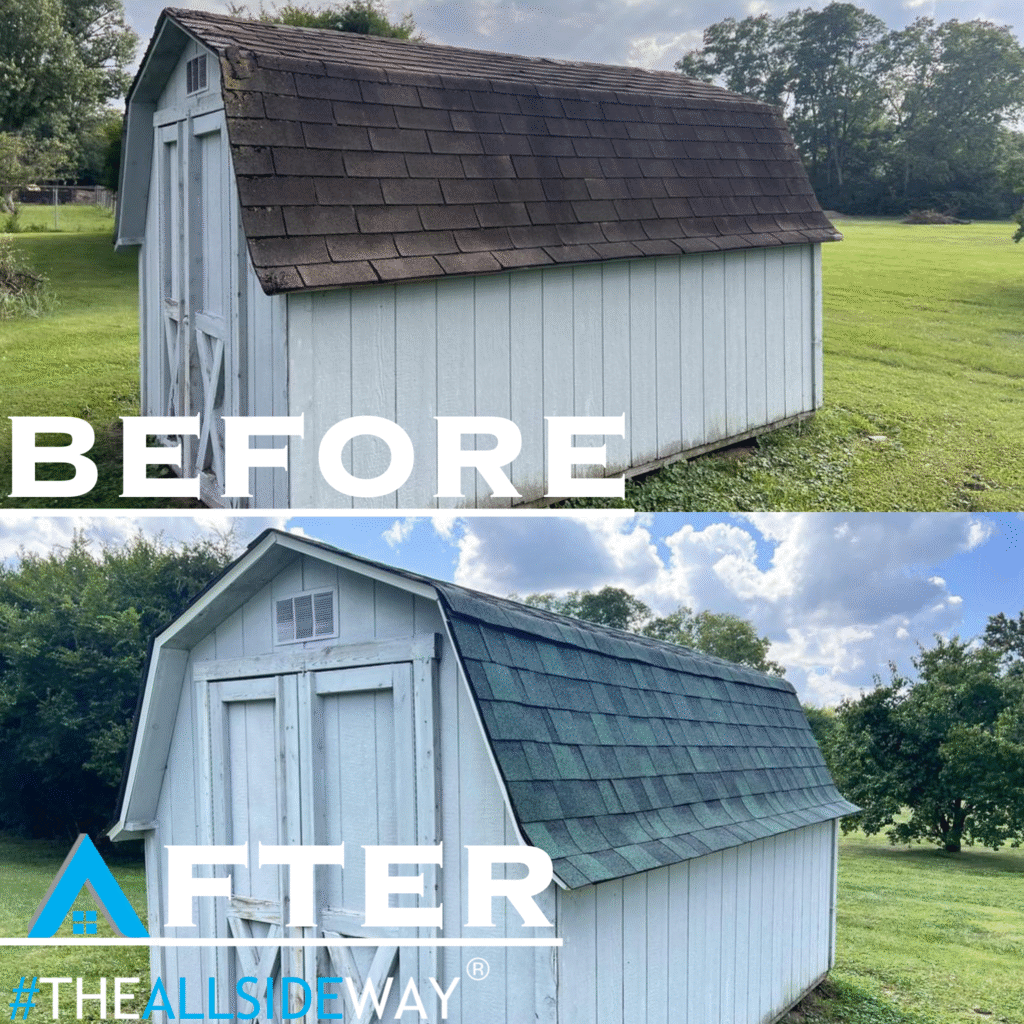 Side-by-side shed comparison in Moraine, OH: old brown shingles before roof repair and new green shingles after, set in a grassy yard.