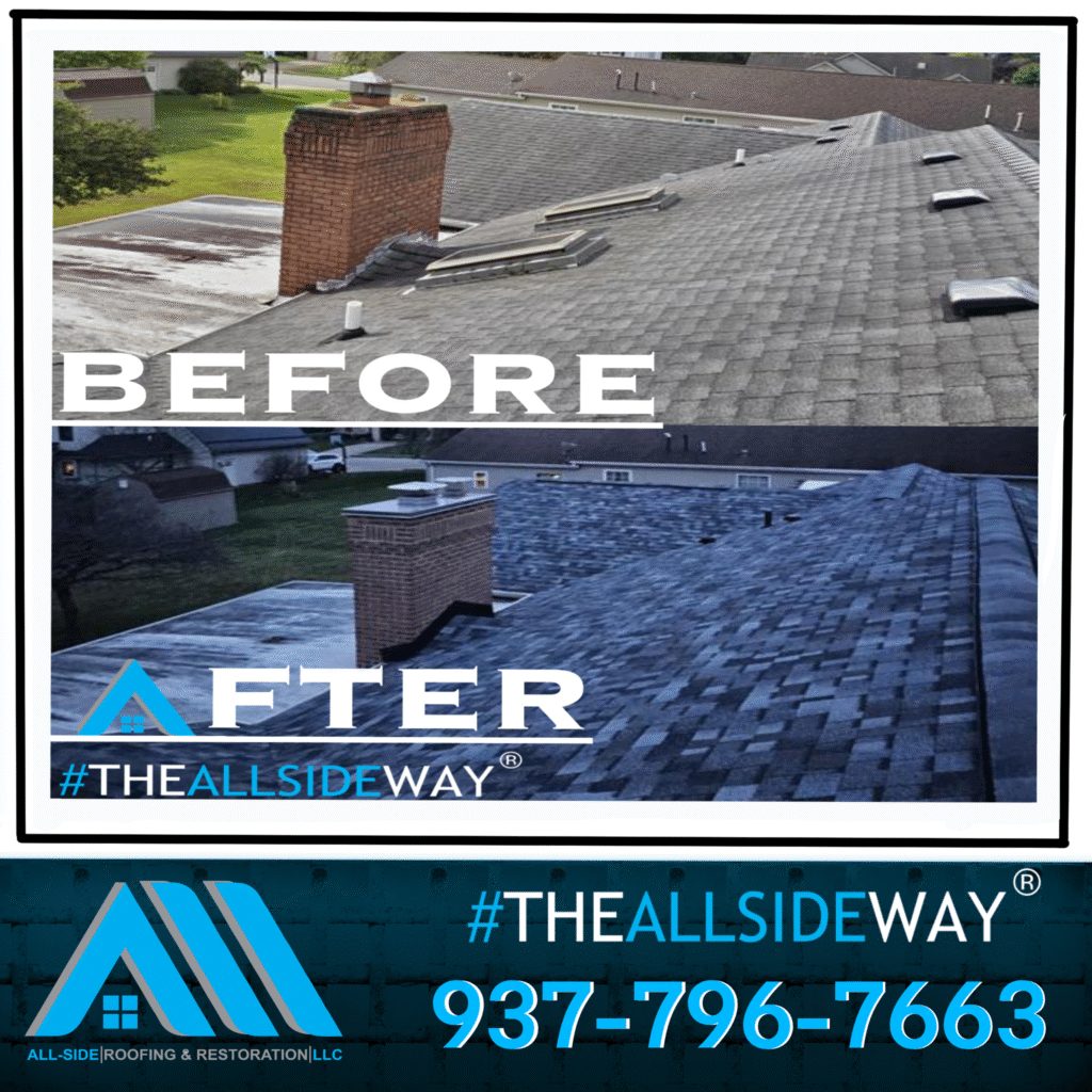 Side-by-side comparison of a roof before and after roof repair in Springboro, OH—showing improved shingles, chimney work, and contact details.