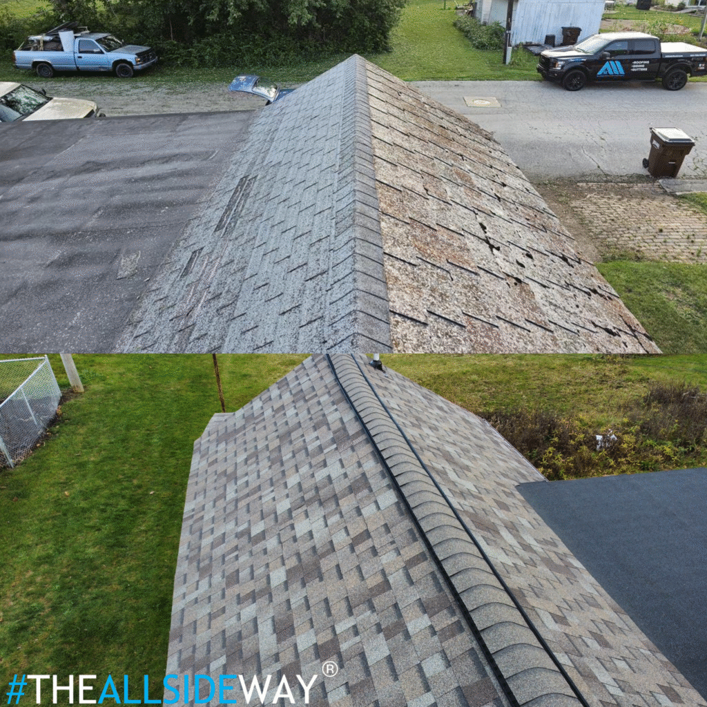 Split image of a roof in Vandalia, OH, highlighting the transformation after expert roof repair—old shingles above, new ones below.