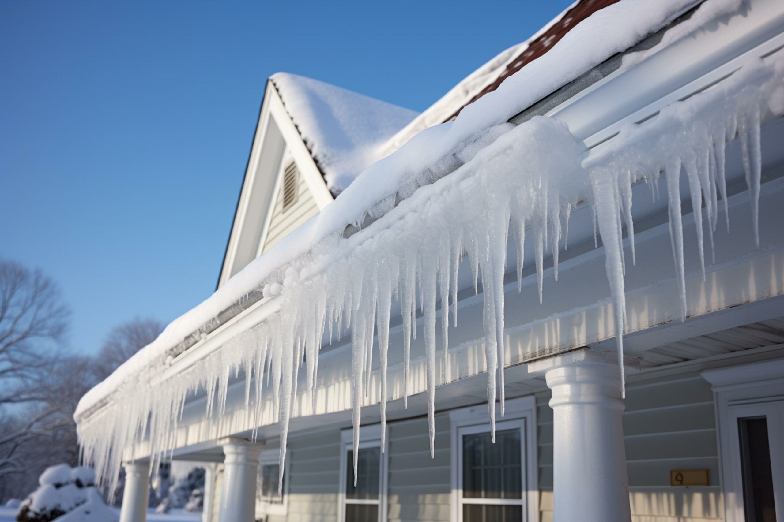 Icicles hang from the snow-covered roof of a house in Dayton, Ohio—a clear sign of winter ice damming.