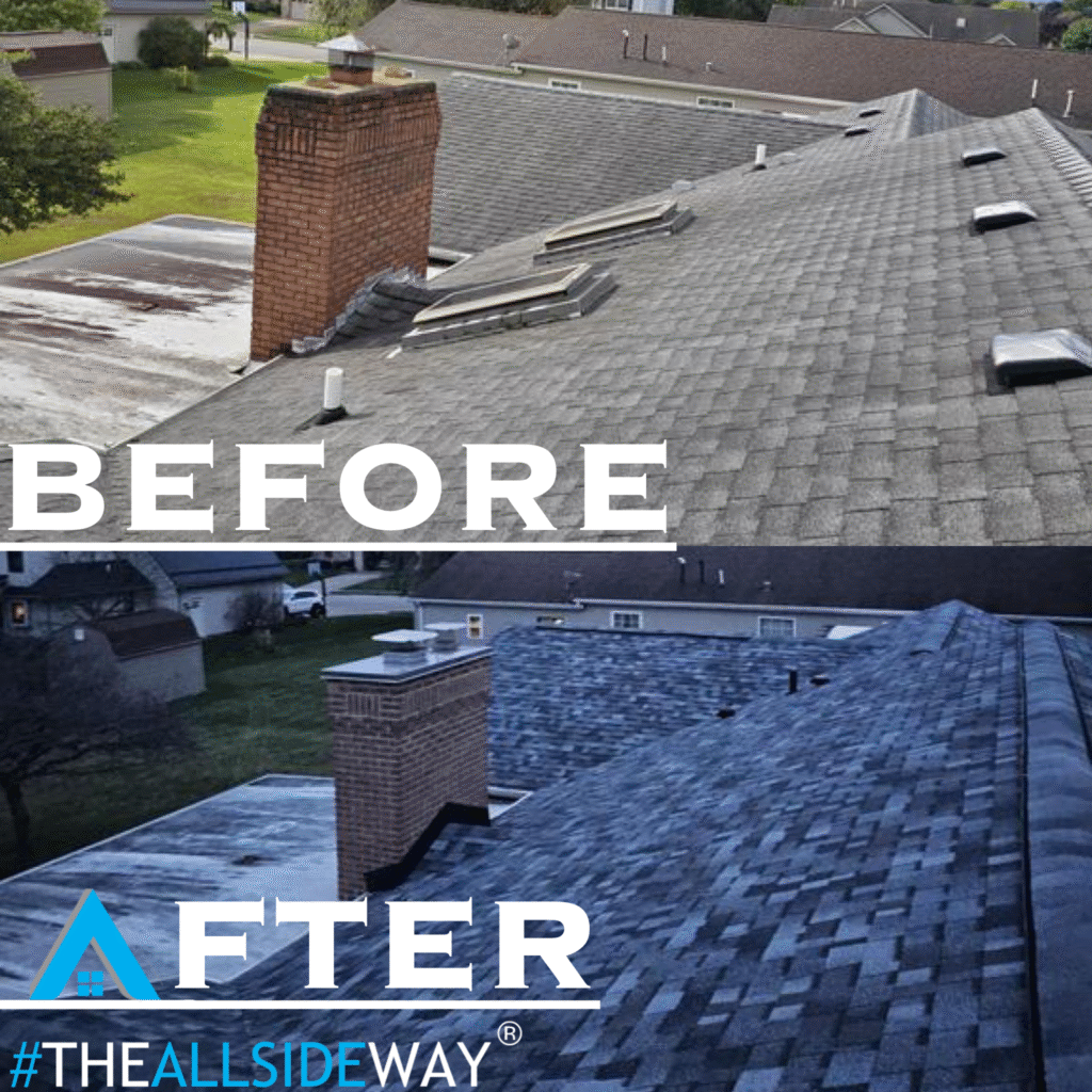 Side-by-side comparison of a weathered roof before and a newly shingled roof after Roof Repair Bellbrook, viewed from above.
