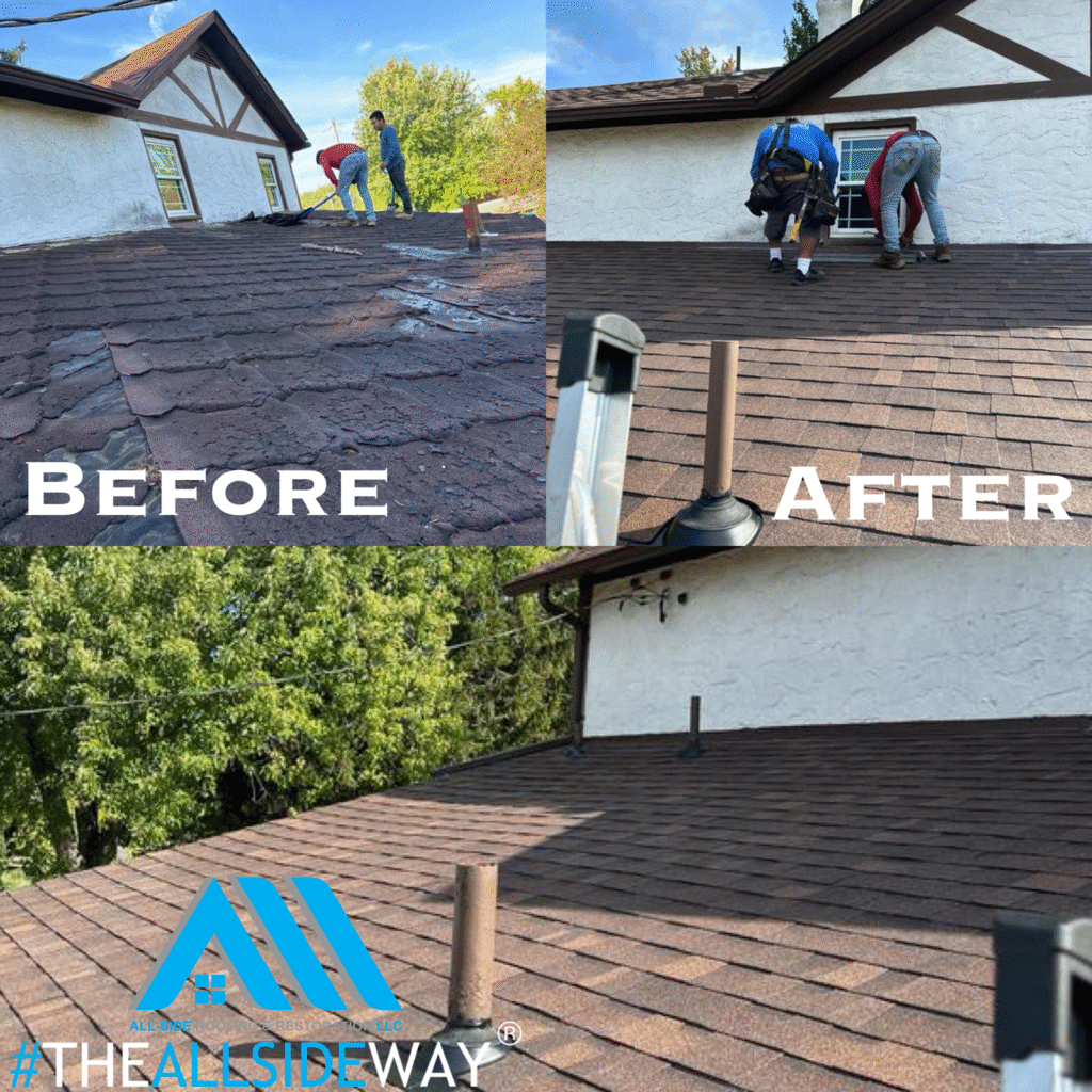 Before-and-after collage of a Kings Mills, OH Roof Repair shows workers on a damaged roof and the finished, shingled result.