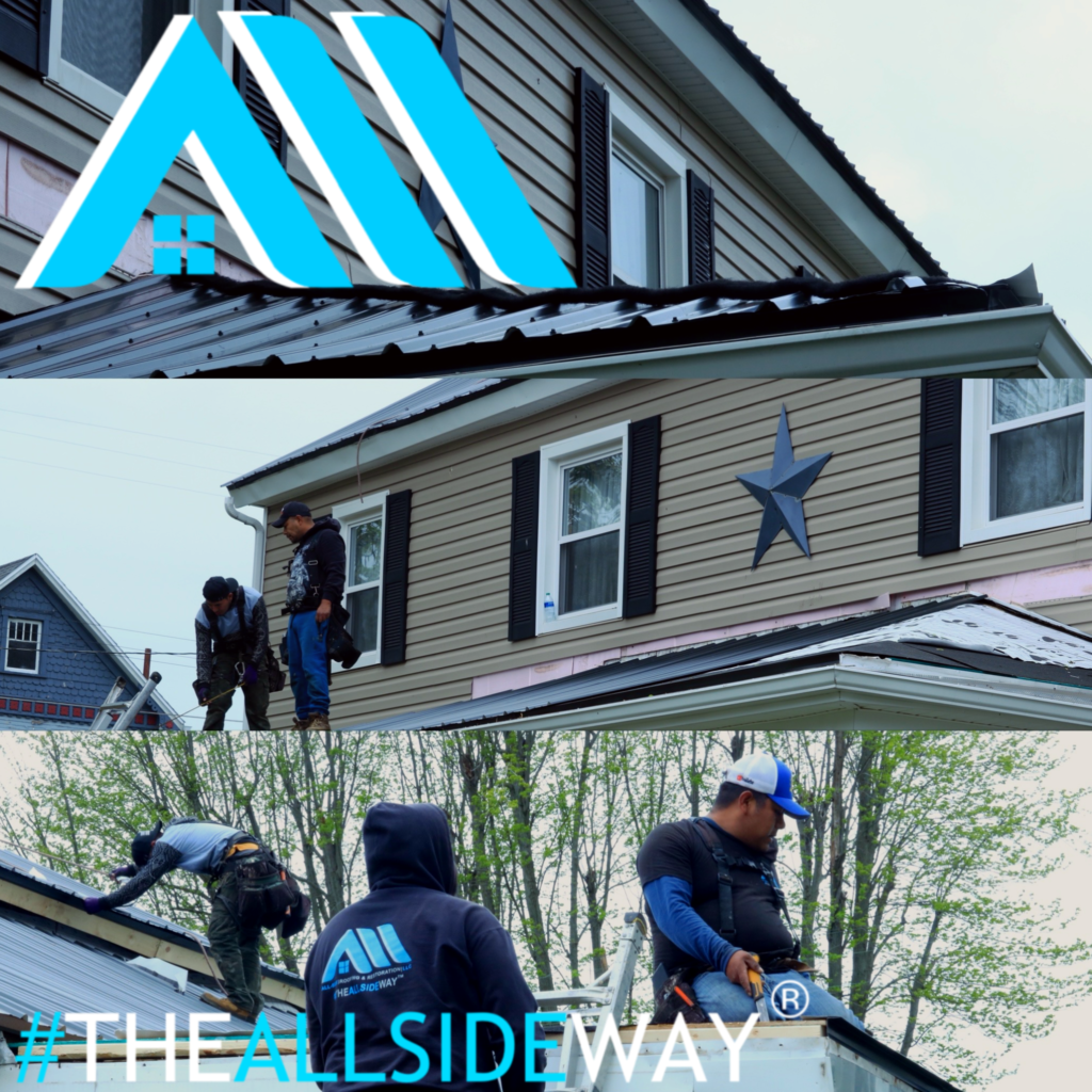 Roofing crew performing roof repair West Chester on a two-story house, wearing branded gear; company logo and hashtag "#THEALLSIDEWAY" are present.