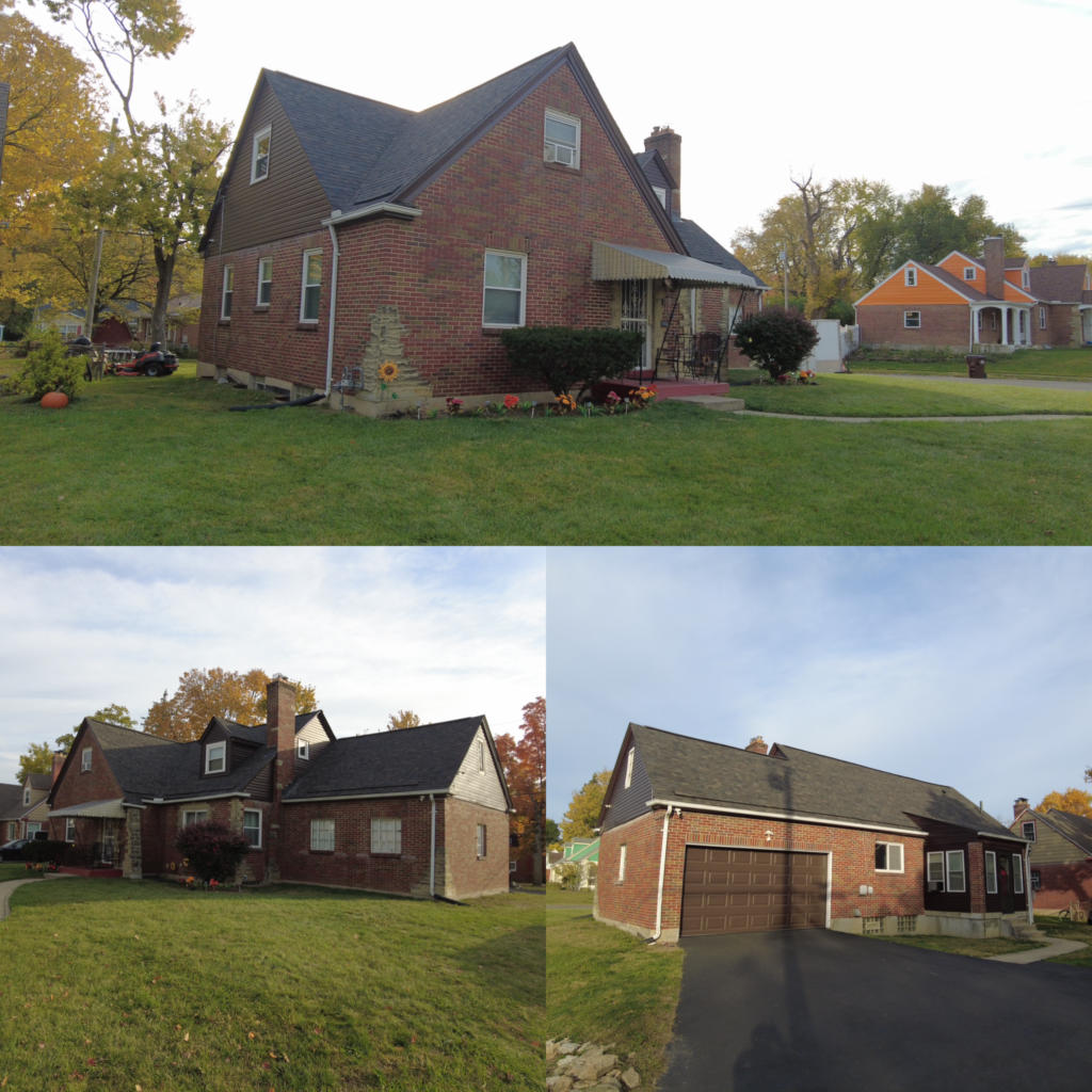 A brick suburban house in West Chester, OH with a large lawn, detached garage, and trees—ideal for roof repair; shown from three angles.