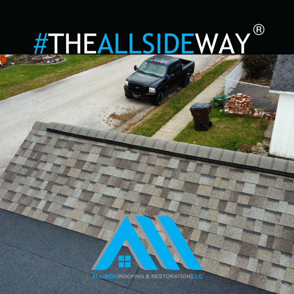 A shingled roof repair in Jamestown, OH is viewed from above, with a parked truck and yard visible. "TheAllSideWay" branding is shown. Roof Repair.