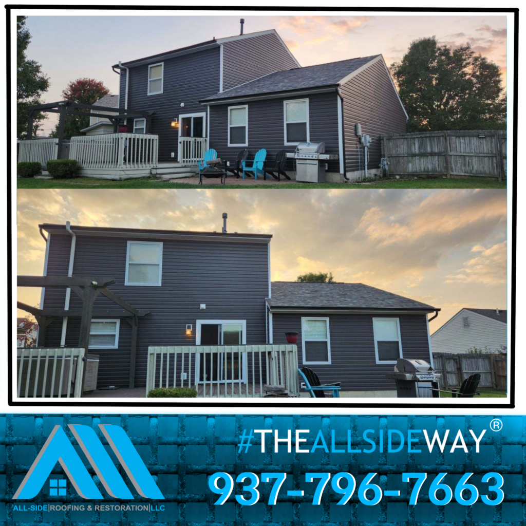 Two photos show the back of a house with dark siding, a fenced yard, a deck, and outdoor furniture; business info overlaid.