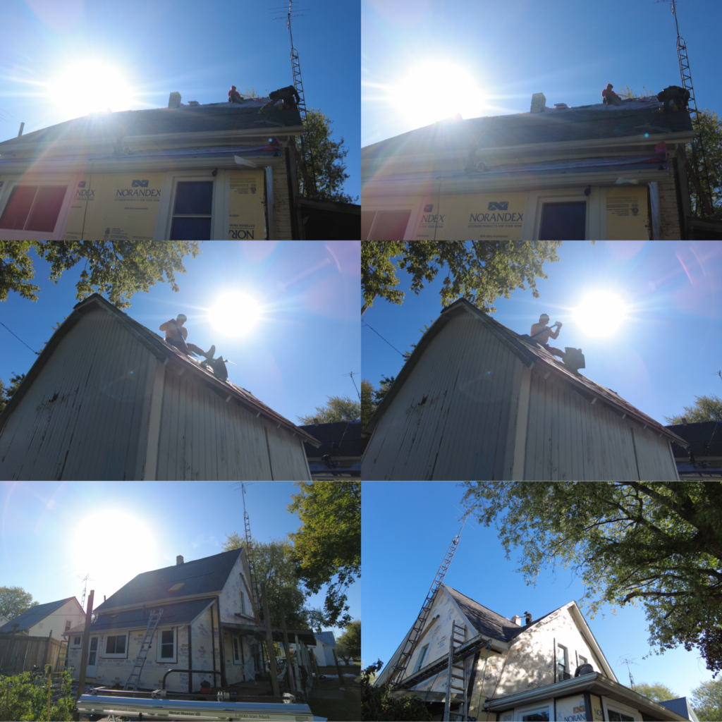 Workers are performing roof repair on a house and shed in Troy OH, with tools and materials visible under bright sunlight.
