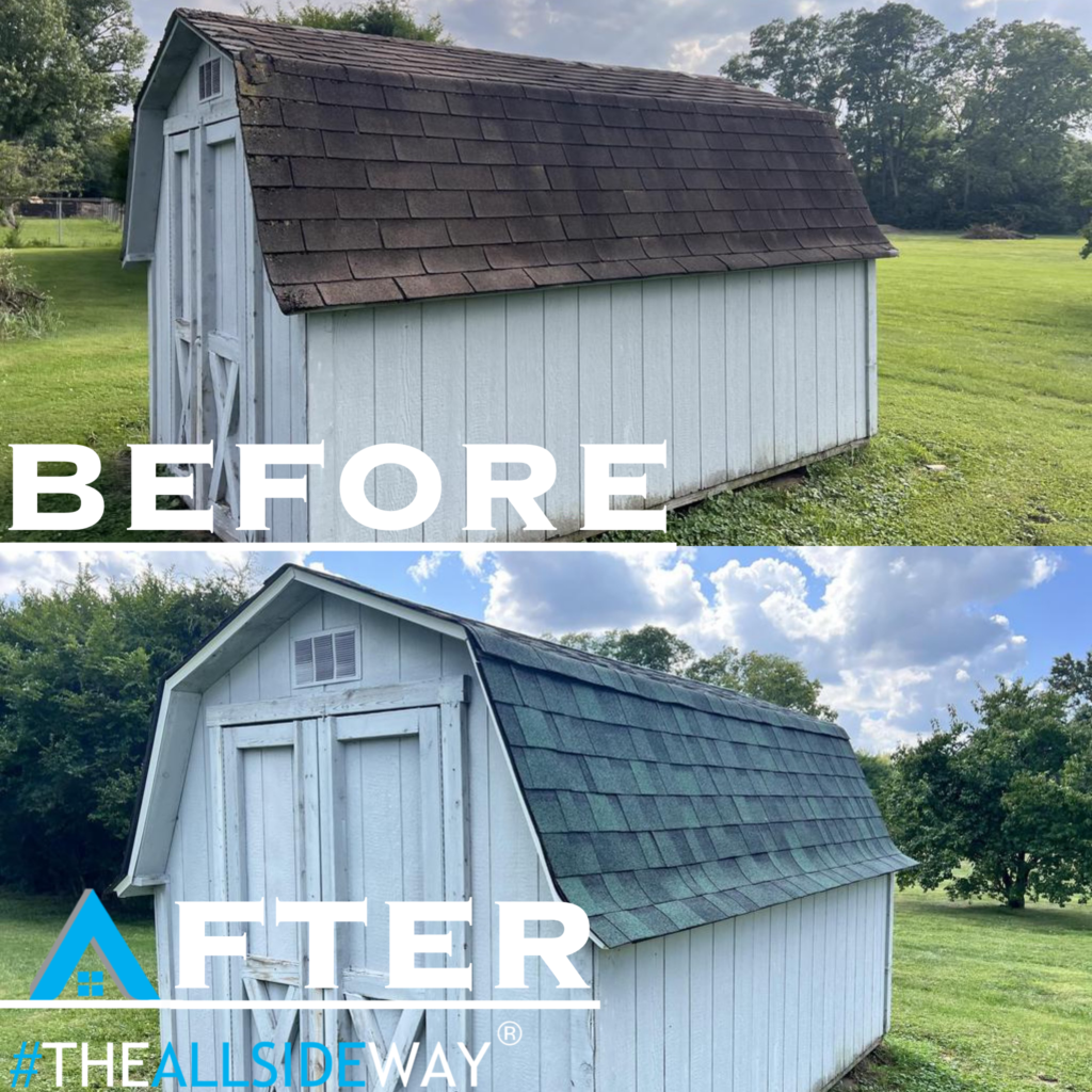 Side-by-side shed comparison in Trenton, OH: after roof repair, the new roof and fresh paint give it a revitalized look.