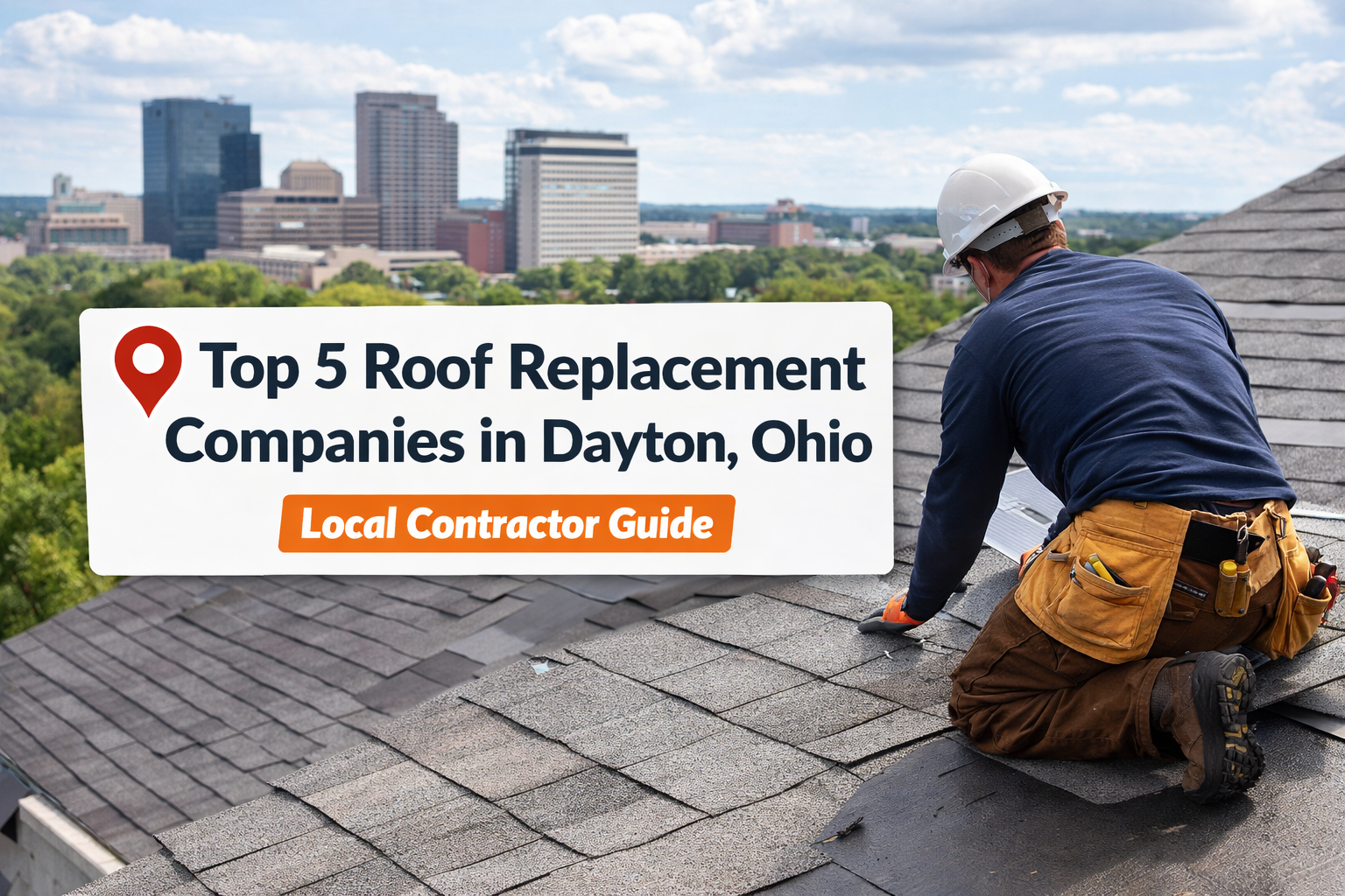 A worker repairs a roof with downtown Dayton, Ohio skyline; text overlay lists top Dayton roofing companies for roof replacement.