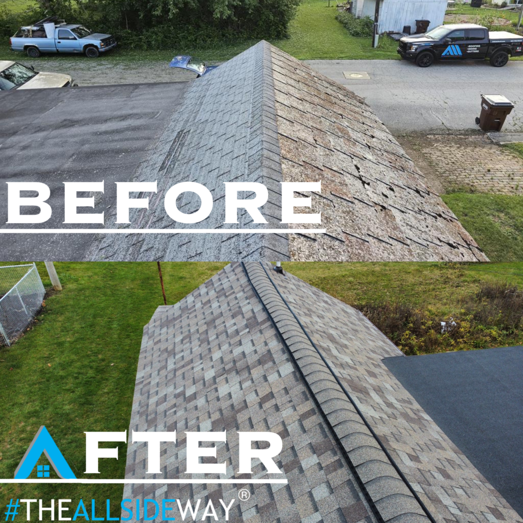 Before and after comparison of a roof repair in New Carlisle, OH, showing old damaged shingles and new, neatly installed ones.