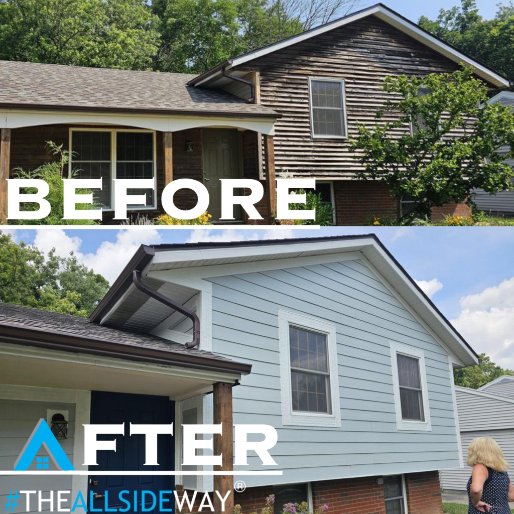 Side-by-side comparison of a house in Wilmington OH before and after renovations, with new light blue siding and roof repair.