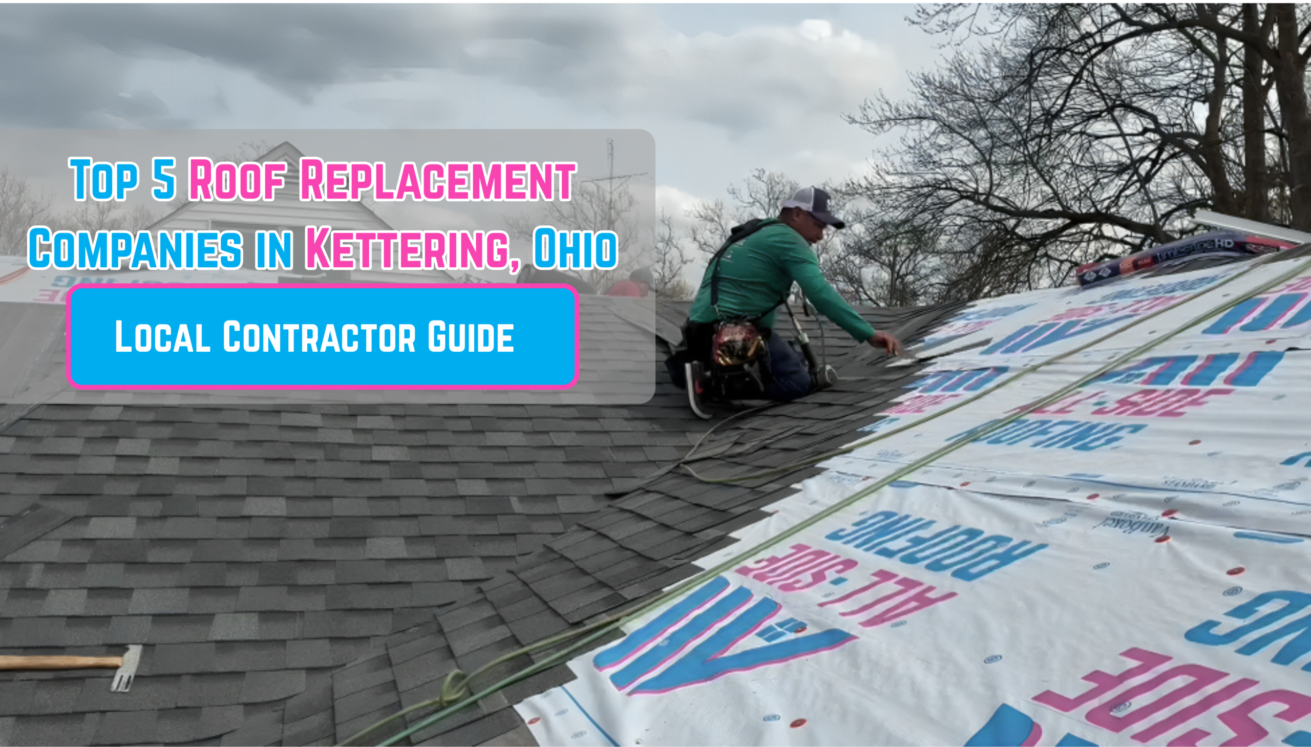 A worker installs shingles on a house roof in Kettering, Ohio. Text overlay promotes Kettering Ohio Roof Replacement companies.