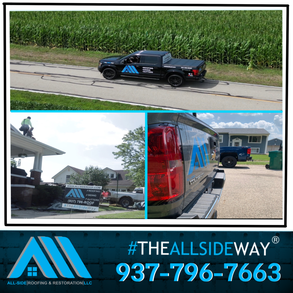 A Springfield, OH roofing company truck and crew at a Roof Repair worksite, with logo, contact number, and hashtag displayed.