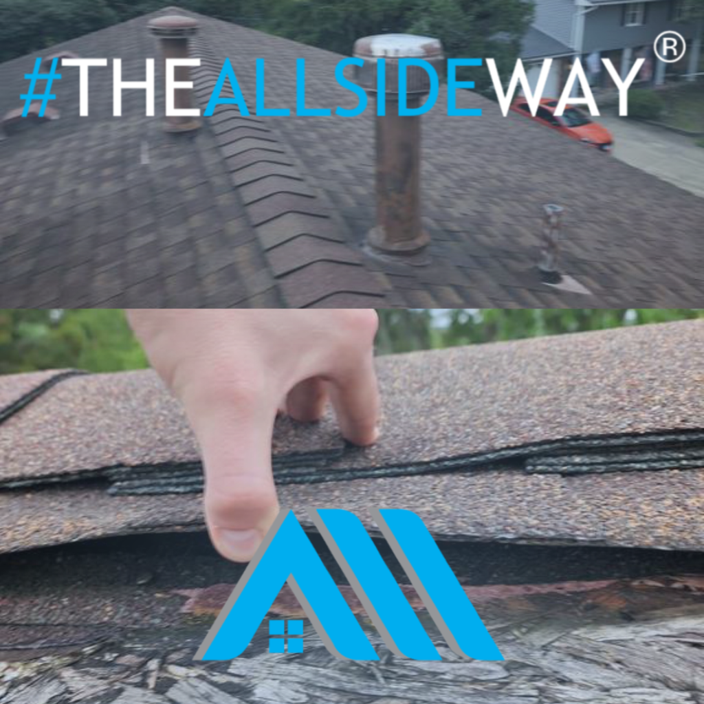Rooftop view in Arcanum, OH, with hand lifting shingles to show roof repair layers; hashtags and a blue logo overlayed.