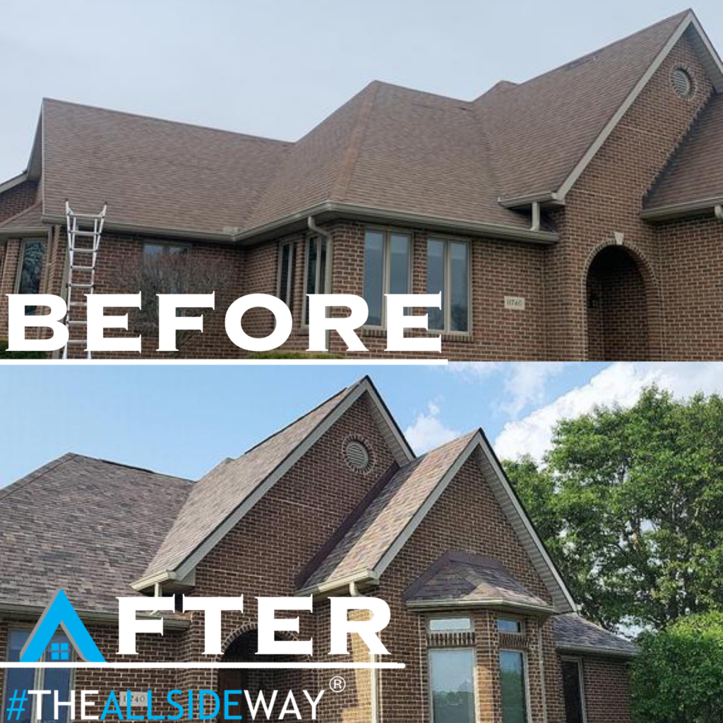 Side-by-side comparison of a Centerville, OH brick house roof before and after Roof Replacement; the new roof appears cleaner and more uniform.