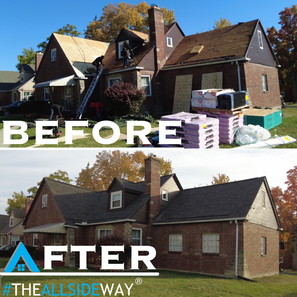 Two photos show a Huber Heights, OH home before and after roof replacement; old roof repair above, new roof below.