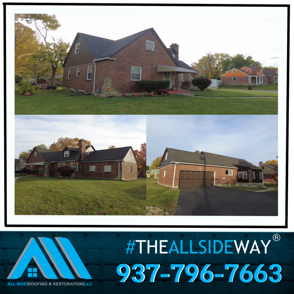 A two-story brick house in Germantown, OH, with a steep roof—perfect for roof replacement; roofing company logo and contact info displayed.