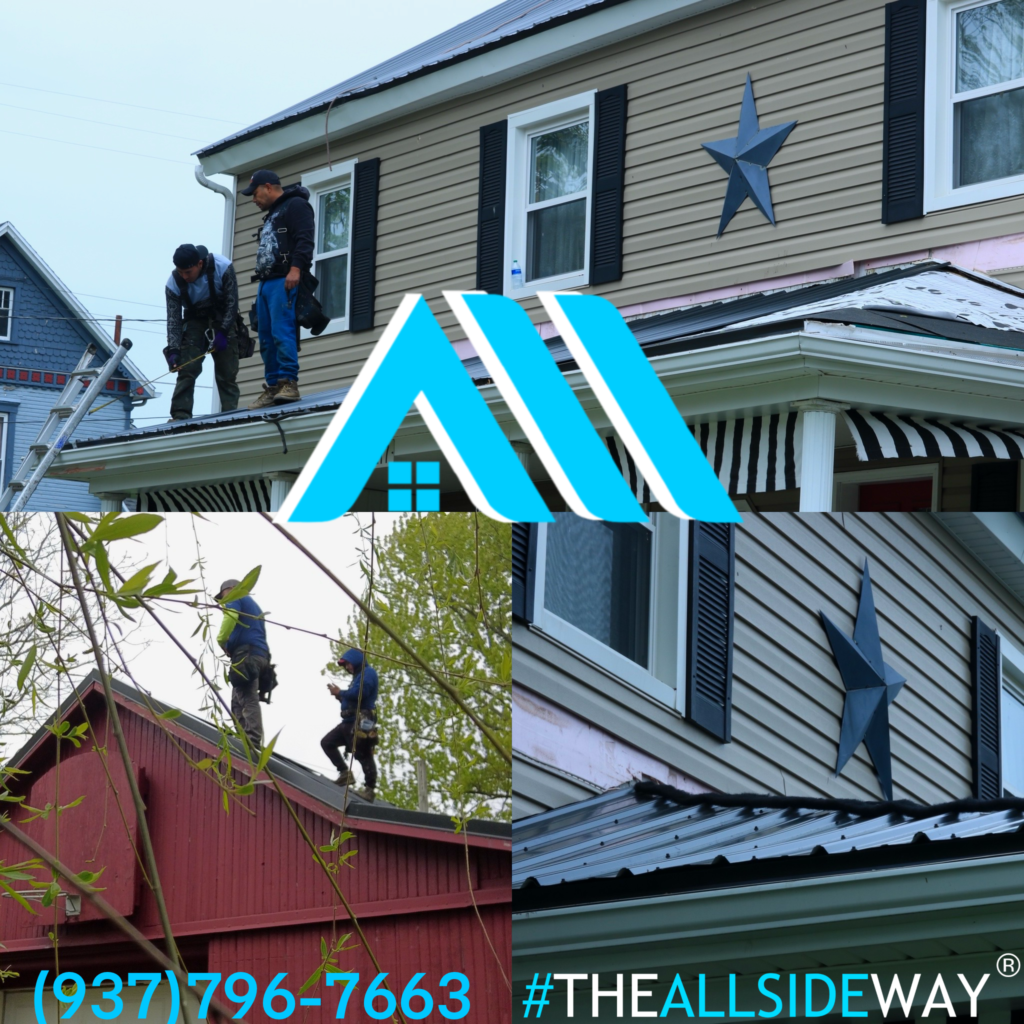 Three images show workers installing siding and roof replacement on houses and a barn in Clayton OH, with a logo, phone number, and #THEALLSIDEWAY.