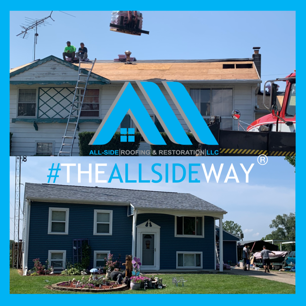 Two photos in West Chester, OH show a house before and after roof replacement and new blue siding, with workers on the roof.